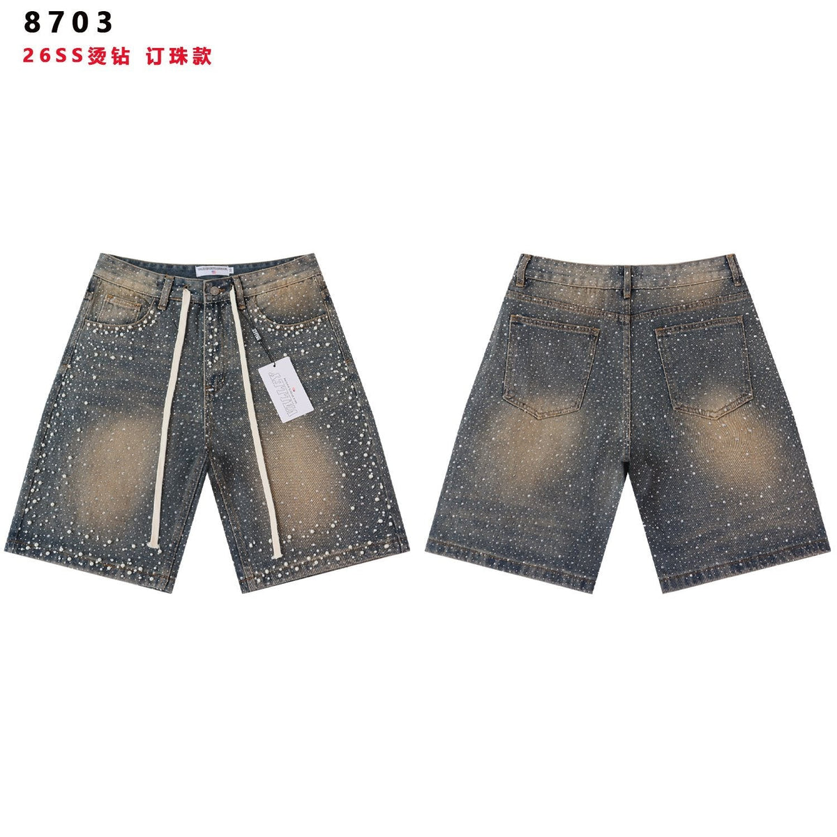 VALE Pearl-Studded Washed Denim Shorts — front